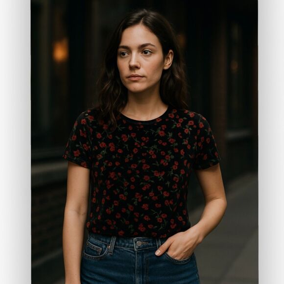 Agenda Black Red Floral Velvet Stretch Short Sleeve Top Sz S Vintage Made In USA - Picture 1 of 9